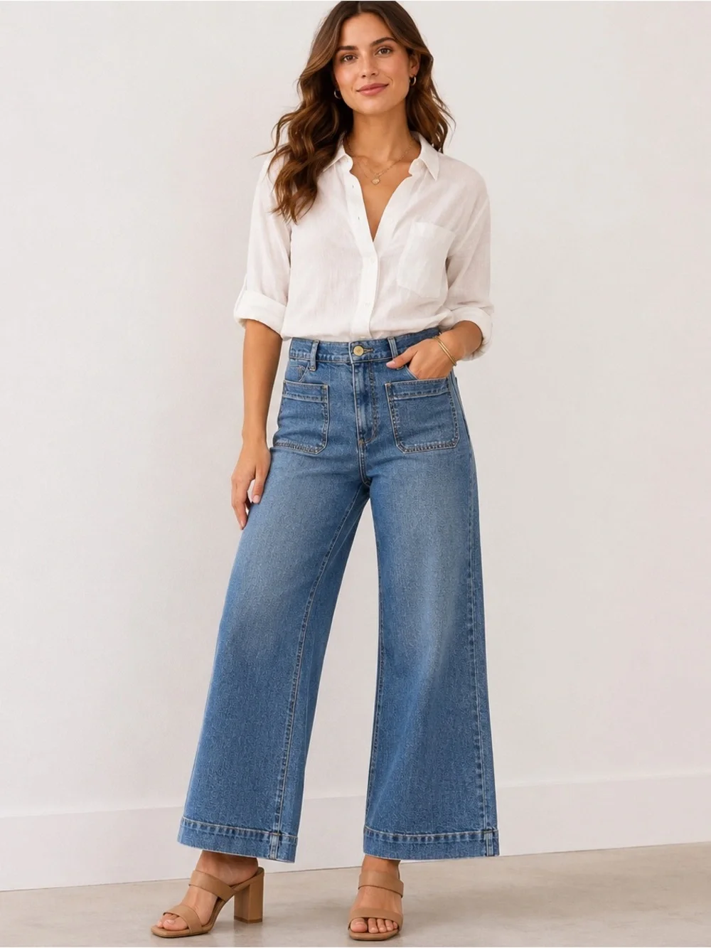 LOFT Palmer High Rise Wide Leg Jeans Women’s 10 Medium Wash Patch Pocket Stretch